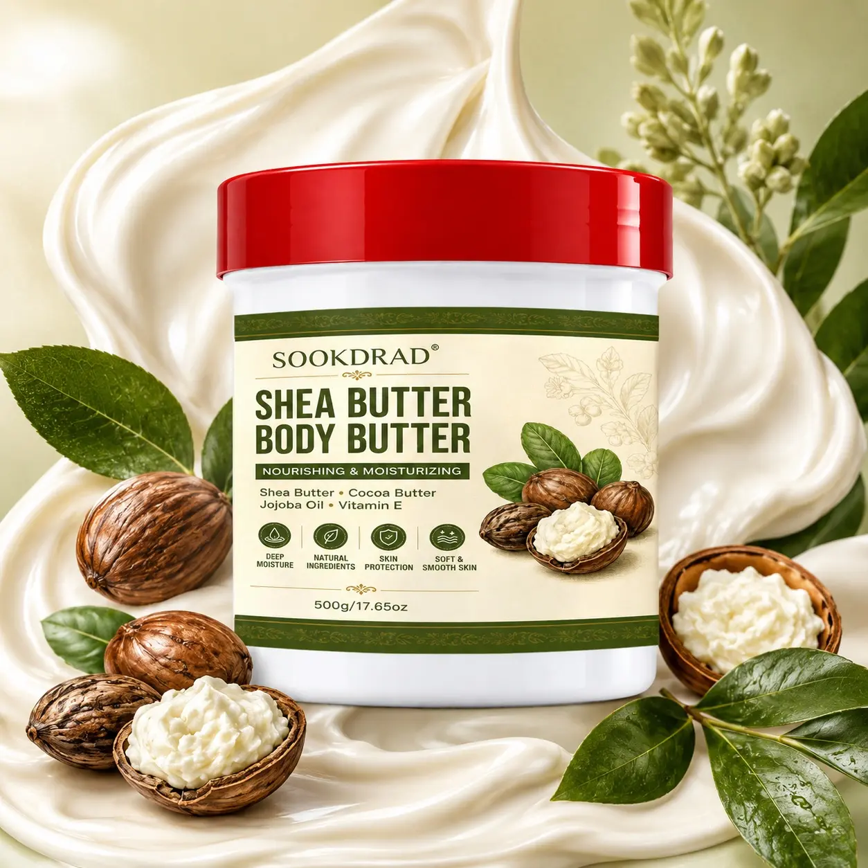 Shea Butter Body Butter, Shea Butter, Cocoa Butter, Jojoba Oil, Vitamin E, Nourishing, Moisturizing, Deep Moisture, Natural Ingredients, Skin Protection, Soft Smooth Skin, 500g/17.65oz