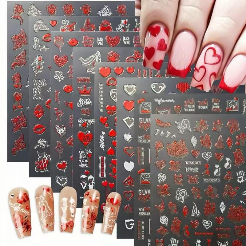 Heart & Lip Pattern Nail Art Sticker, 8 Counts/set Nail Art Design Romantic Love Nail Decal, Elegant Nail Decoration, DIY Nail Art Decoration for Women & Girls