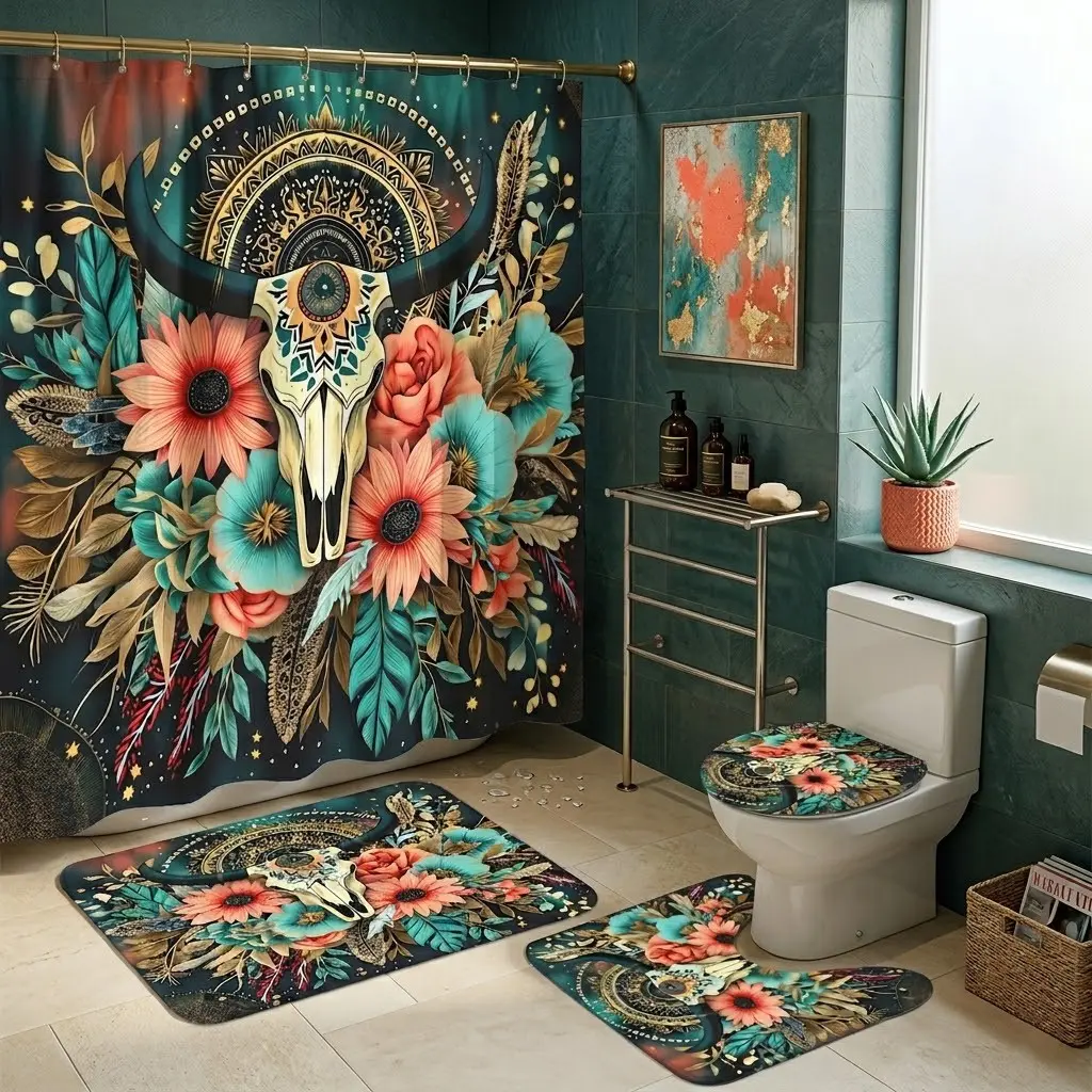 4pcs Bohemian Bull Skull Bathroom Decor Set, Vibrant Shower Curtain, Colorful Floral Design, Gold Mandala Accents, Luxe U-Shaped Mat, Stylish Bath Rug