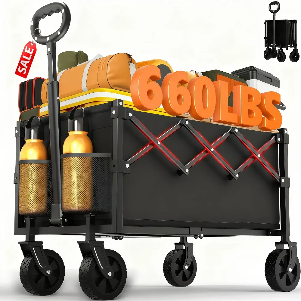 Upgraded Heavy Duty 480 660 lbs Capacity Folding Garden Wagon Cart All Aluminum Frame Durable Fabric Multi Purpose Utility Wagon for Shopping Camping Gardening Beach Outdoor Picnic Cargo Transport Party