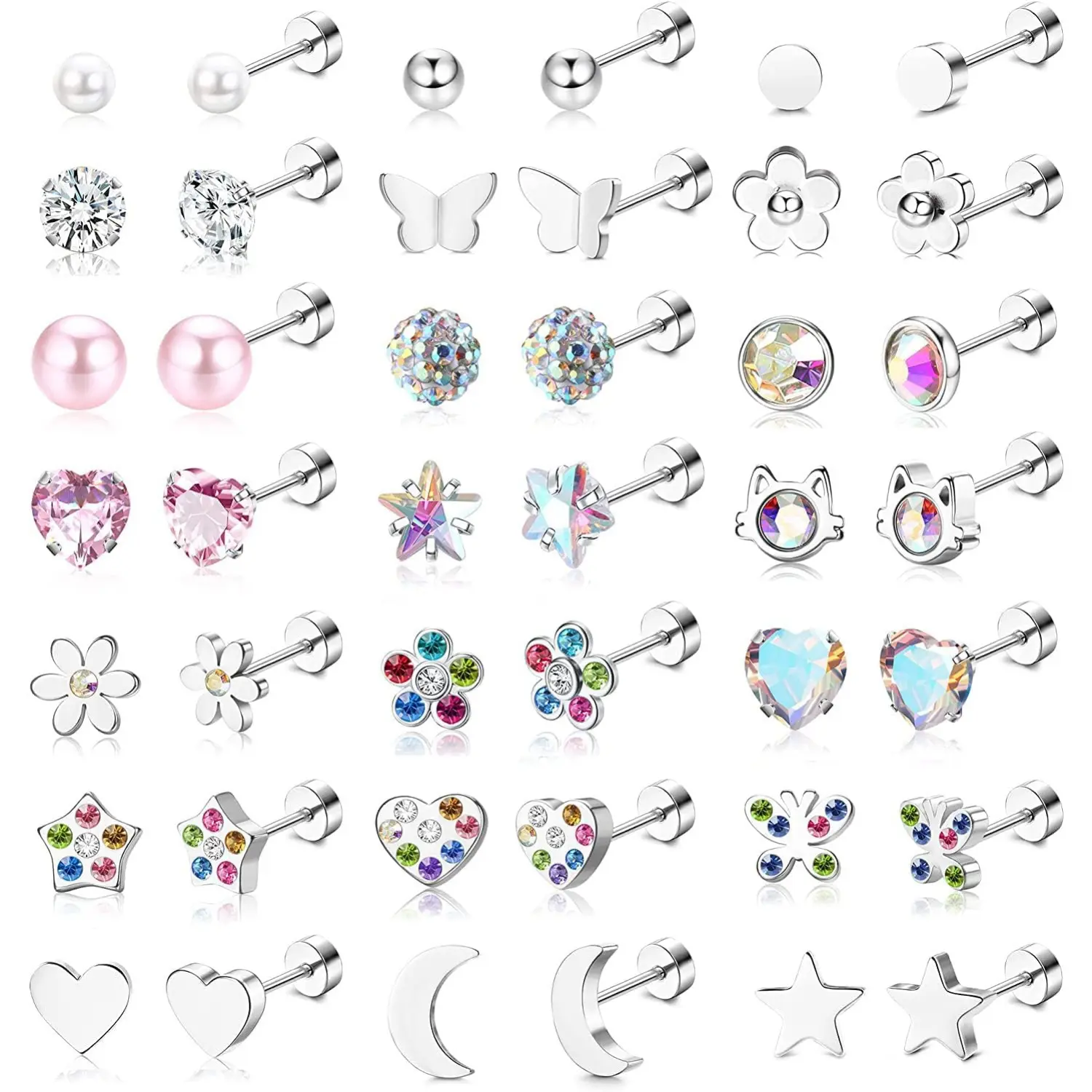 21 Pairs Tiny Stud Earrings Set for Women & Teen Girls, Hypoallergenic Stainless Steel Flat Back Piercing Earrings, Cute Butterfly Flower Heart Cubic Zirconia Multi-Color Jewelry Set