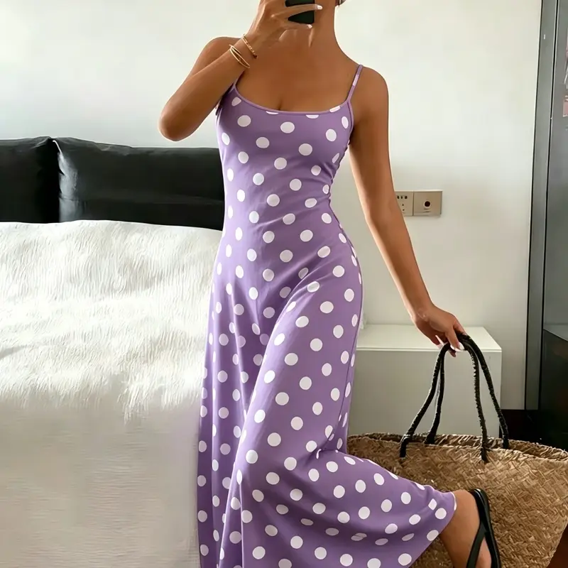 Women's Spring Summer Polka Dot Dress, Elegant Soft Comfortable Home Wear, Versatile All-Season, Multiple Colors Available