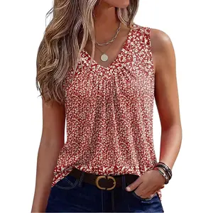 Womens Tank Tops Summer Sleeveless Loose Fit Tops V Neck Pleated Shirts Basic Tees Dressy Casual Trendy Clothes