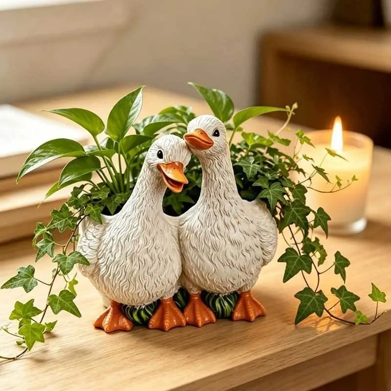Cute Twin Duck Resin Flower Pot, Creative Couple Duck Succulent Planter, Animal Sculpture Garden Table Decor Ornament Resin Planters