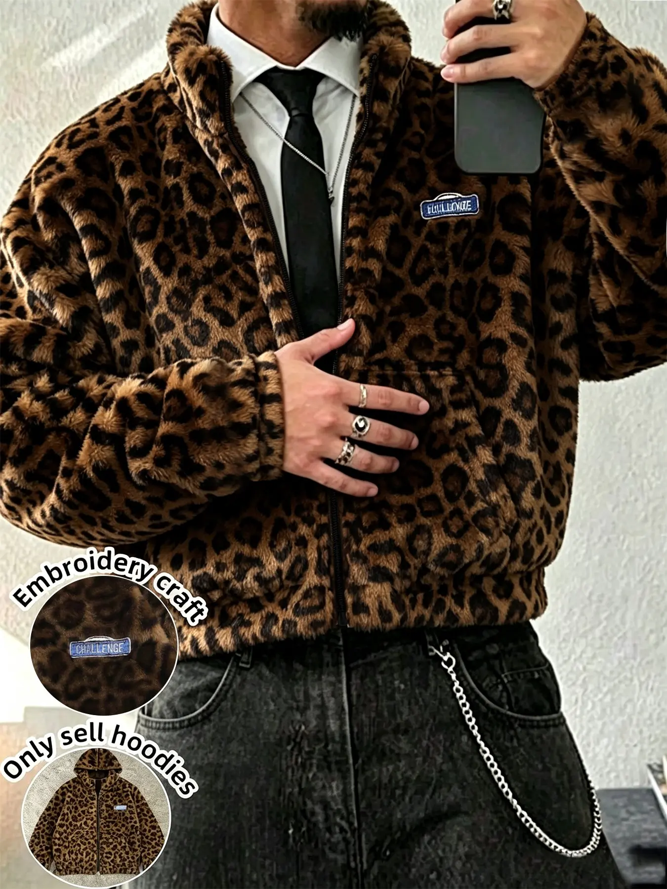 Loose Fit Leopard Print Fleece Zipper Jacket, Vintage Post-Apocalyptic Style, Soft Fleece with Embroidered Patch, Fall & Winter Wear