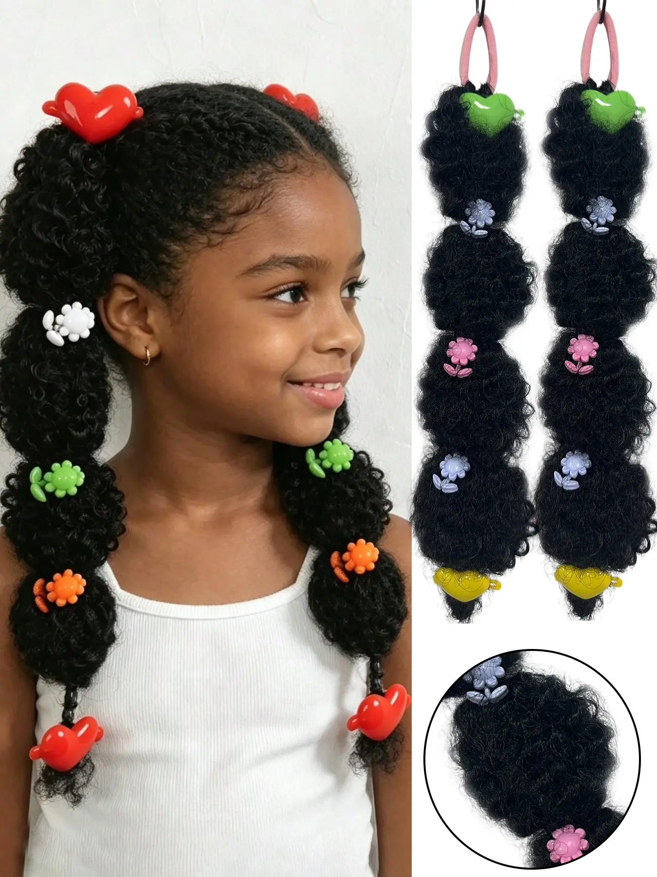 2pcs/Set African American Girls' Curly Ponytail Clips, Colorful Flower Decor Ponytail Bun Scrunchies, Random Color Hair Accessories For Kids, Cute Hairstyle Accessory