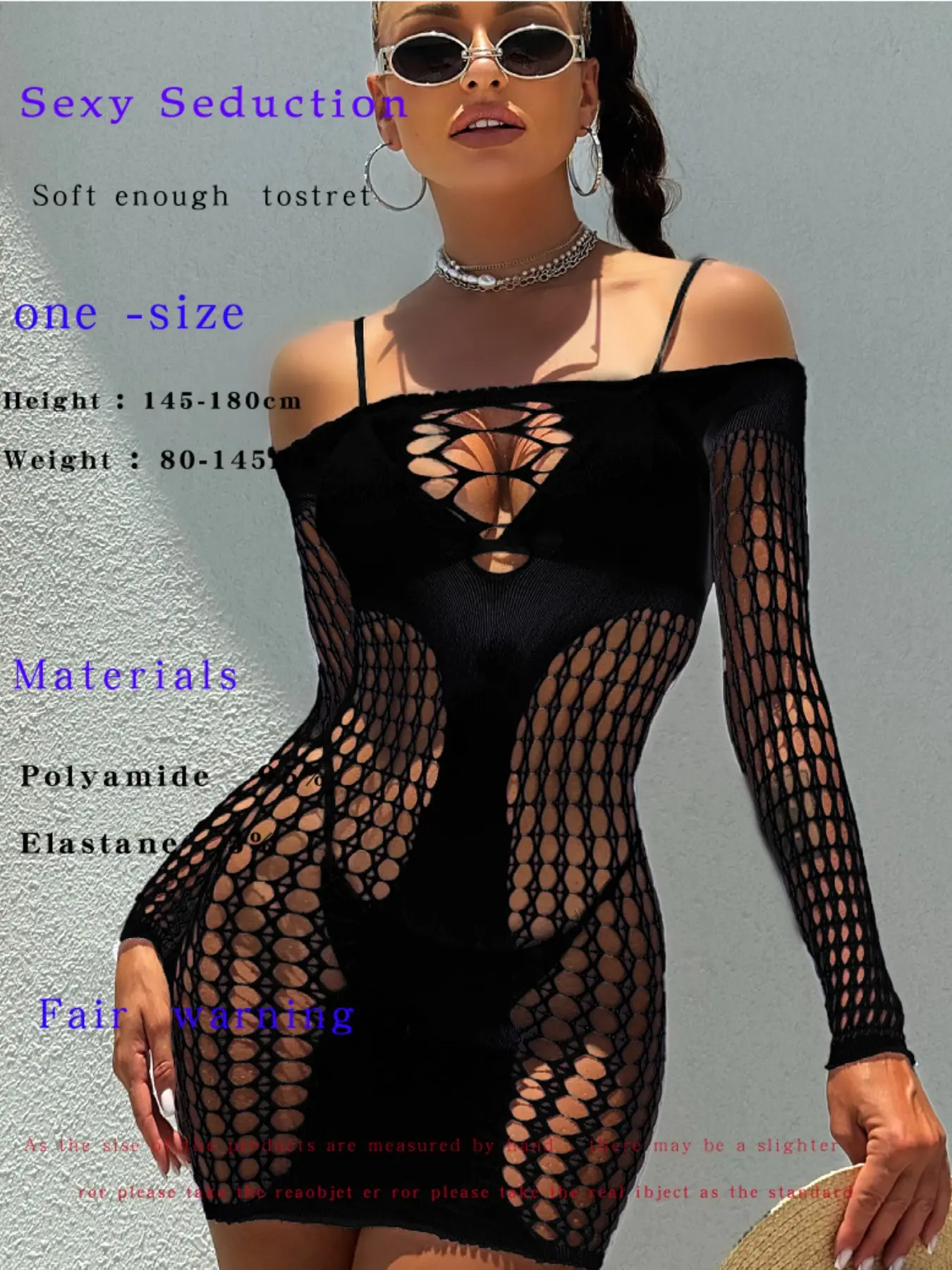 Mesh Hollow Out Short Beach Cover-Up Dress, One-Shoulder Long Sleeve, Chest Cut-Out, Casual Vacation Wear, All Seasons