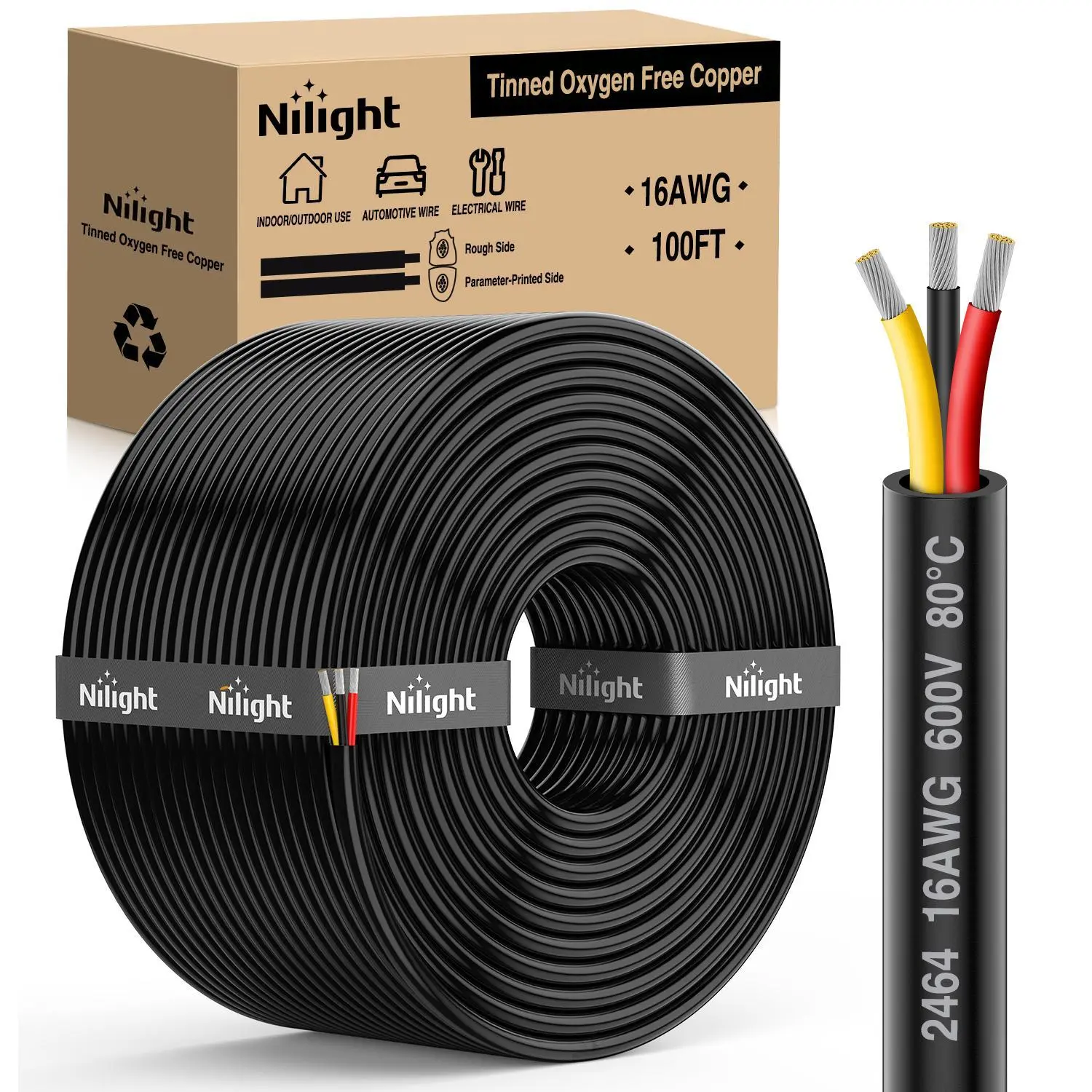 Nilight 16AWG 3-Conductor PVC+Copper Electrical Wire, 100FT Tinned Anti-Oxidation Oxygen-Free, Parallel Red-Black-Yellow Colors, 600V DC Flexible Cord with Heat-Shrink Sleeves, Cable Tie*20, Crimp Terminals for LED Strips, Lamps, Water Resistant