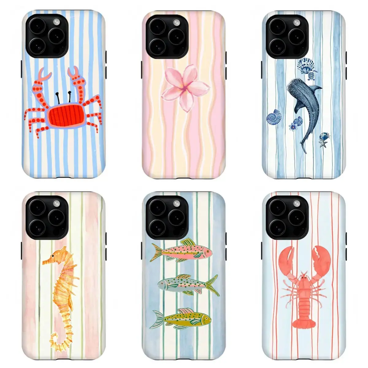 Gorgeous Summer Marine Life iPhone Case, Colorful Striped Whale Shark and Lobster Artistic Shockproof Protective Cover, Magnetic Charging Function, Suitable for 11/12/13/14/15/16/17 Promax/16E models - Unisex/Fan Edition