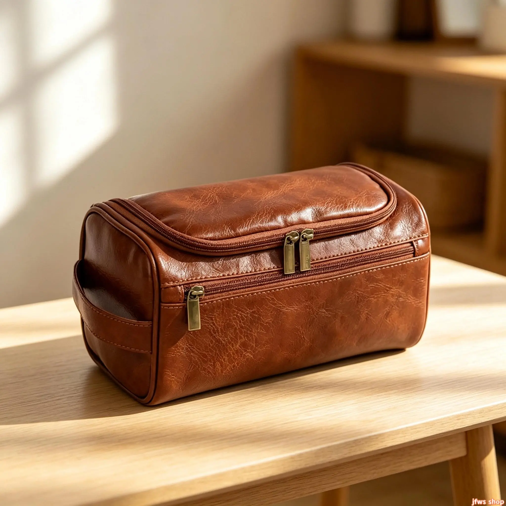 Men PU Leather Toiletry Bag Waterproof Travel Dopp Kit Grooming Organizer with Compact Zip Pocket Gift for Him tiktokshopbacktoschool