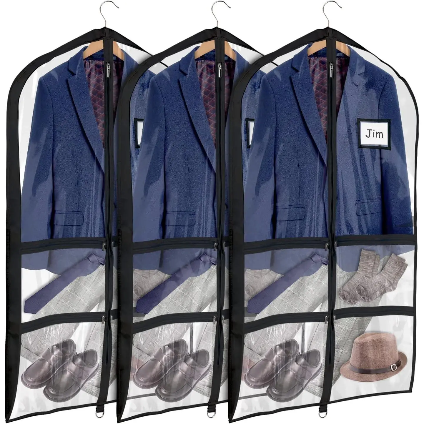 Clear Black PVC Dance Costume Bags (3 Pack) Garment Bag 40 Inch for Dance Competitions, with 4 Medium Clear Zipper Pockets and 1 Large Back Zippered Pocket [Upgraded Version]