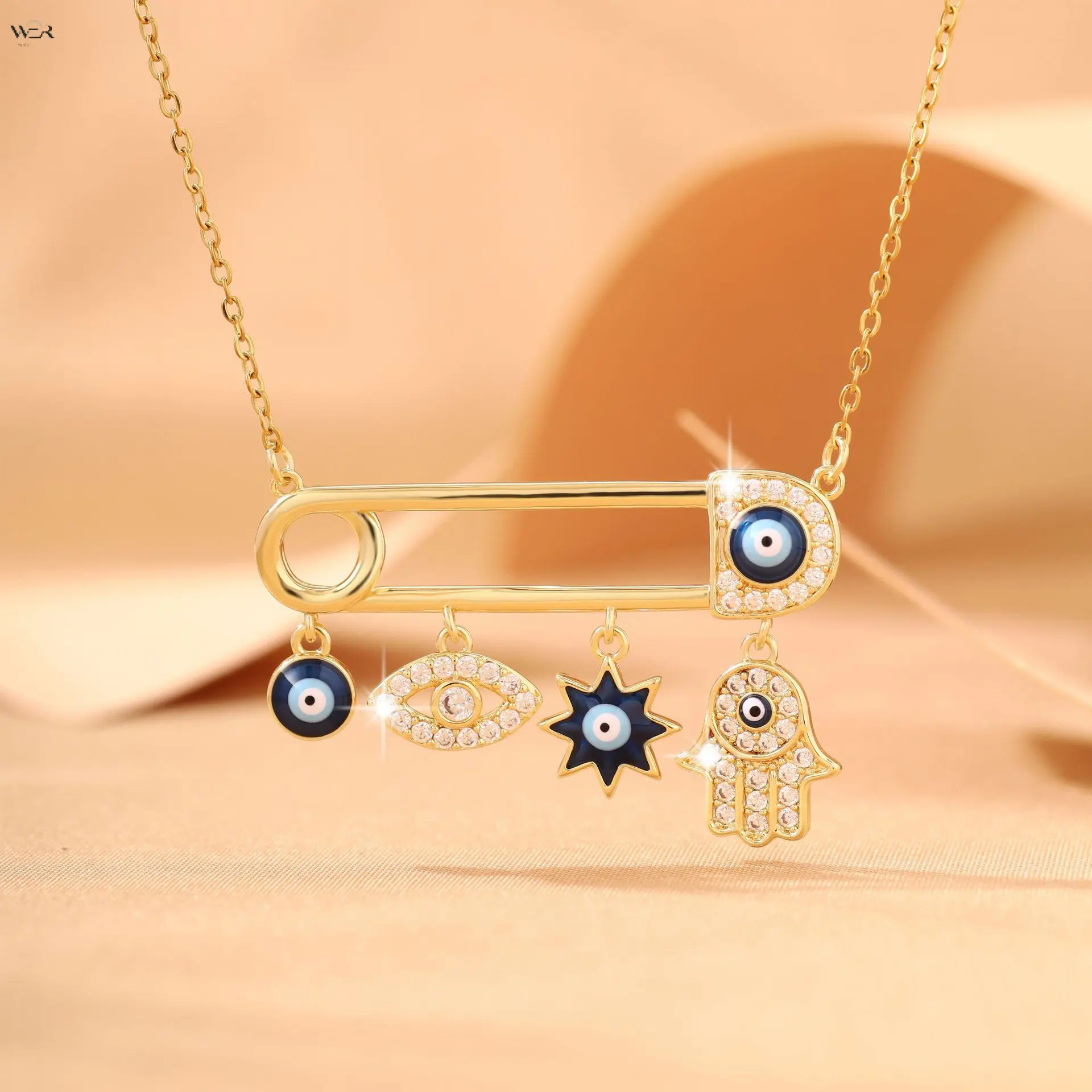 Evil Eye Hamsa Hand Safety Pin Pendant Necklace, Blue Enamel Lucky Protection Charm Choker, Gold & Silver Two Tone Dainty Adjustable Chain Jewelry for Women
