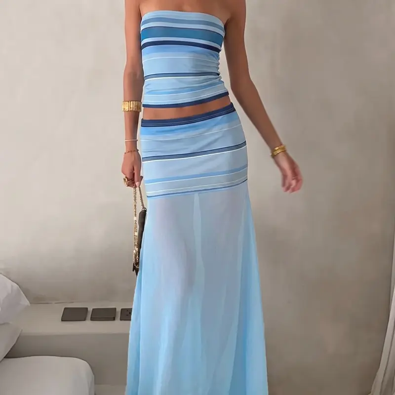 Women's Two-Piece Set, Fashion Striped Strapless Crop Top and High Waist Skirt, Sleeveless Slim-Fit Casual Matching Set Summer for Summer Daily Wear