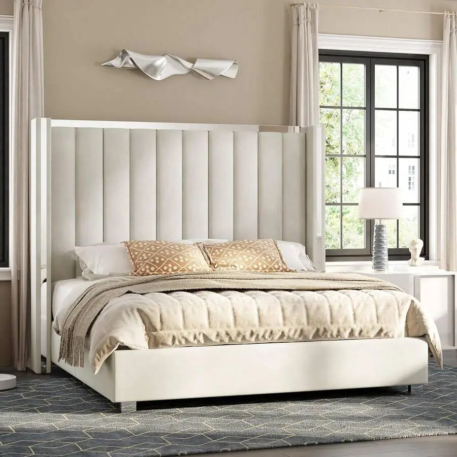 Size Bed Frame Bedroom Furniture, Velvet Upholstered Platform Bed With 58 Inch Tall Wingback Headboard,  Accents, Solid Wood Slats And Comfortable Back Support, No Box Needed, Purple, Black, Cream, Green, Modern, 58" High