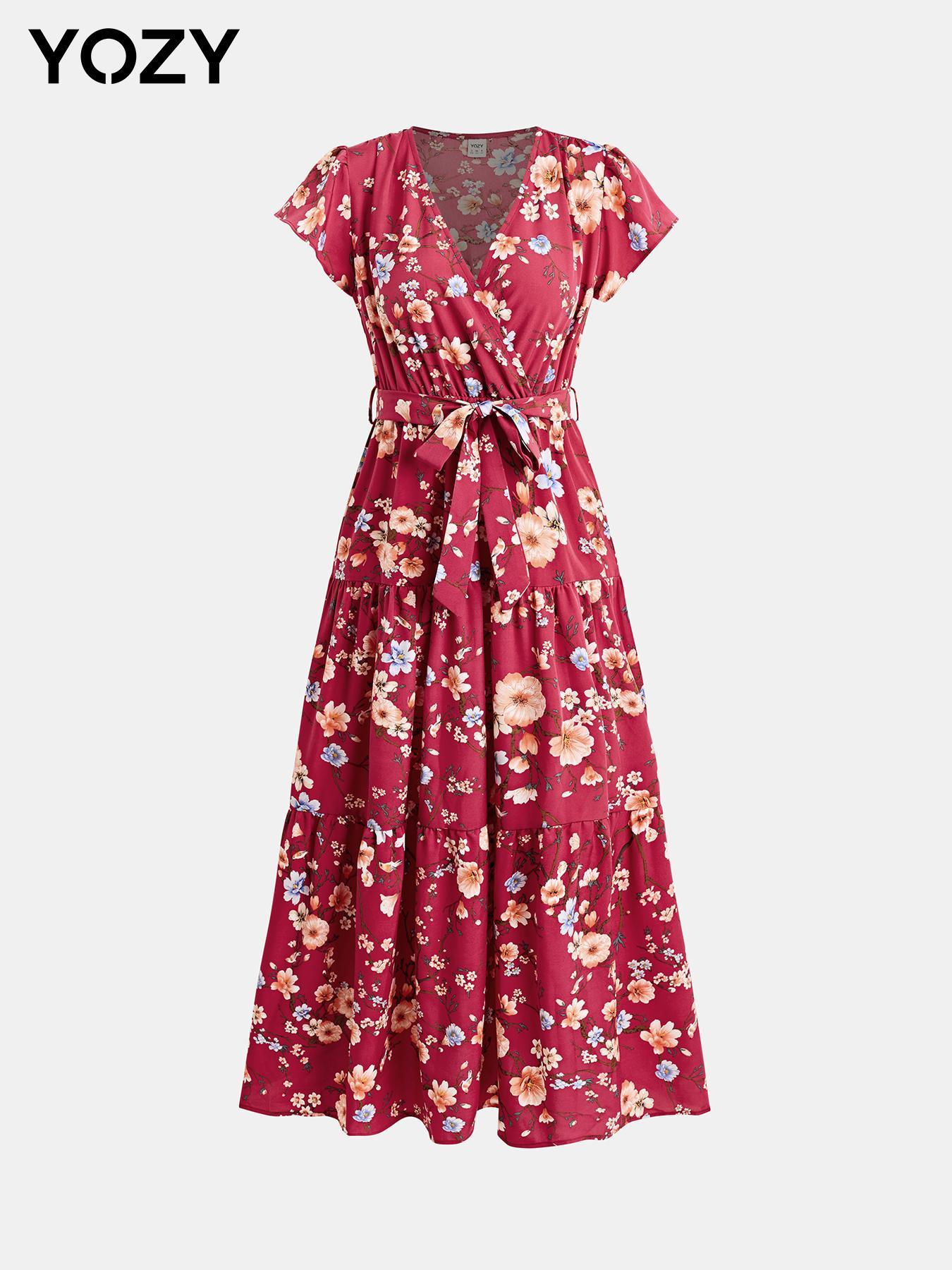 YOZY Floral Print Butterfly Sleeve Dress, Boho Fashion Wrap V Neck Cap Sleeve Belted Tiered Ruffle Long A Line Dress, 2024 Women's Beach Holiday Vacation Wear for Spring & Summer