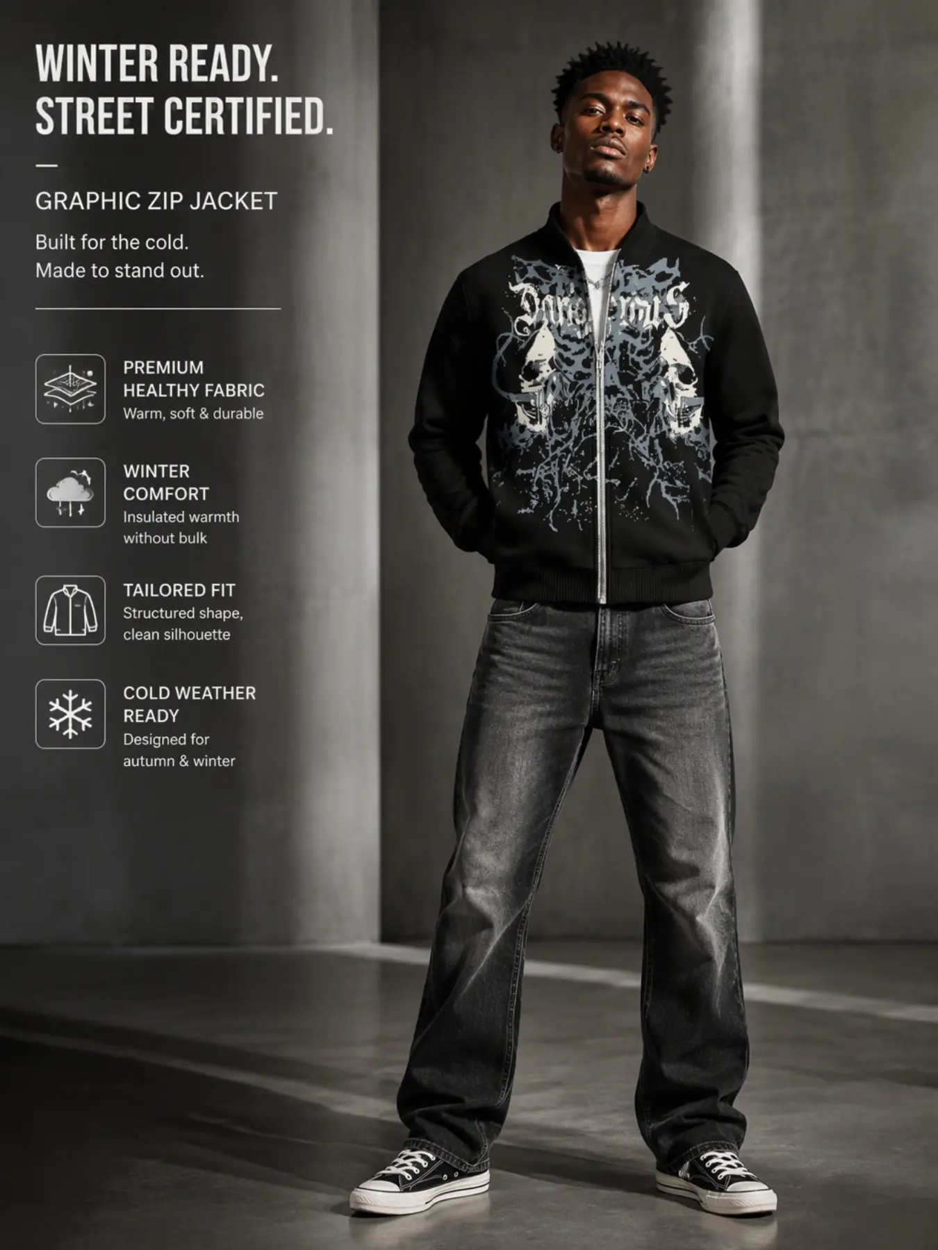 Men's Gothic Skull and Letter Print Zipper Jacket, Vintage Stand Collar Sweatshirt, Loose Fit Urban Streetwear Outerwear