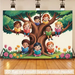 2D Flat Banner HD digitally printed polyester photography backdrop, soft lightweight foldable background cloth featuring generic reading on large tree pattern, suitable for reading week events, school activities, party group photo