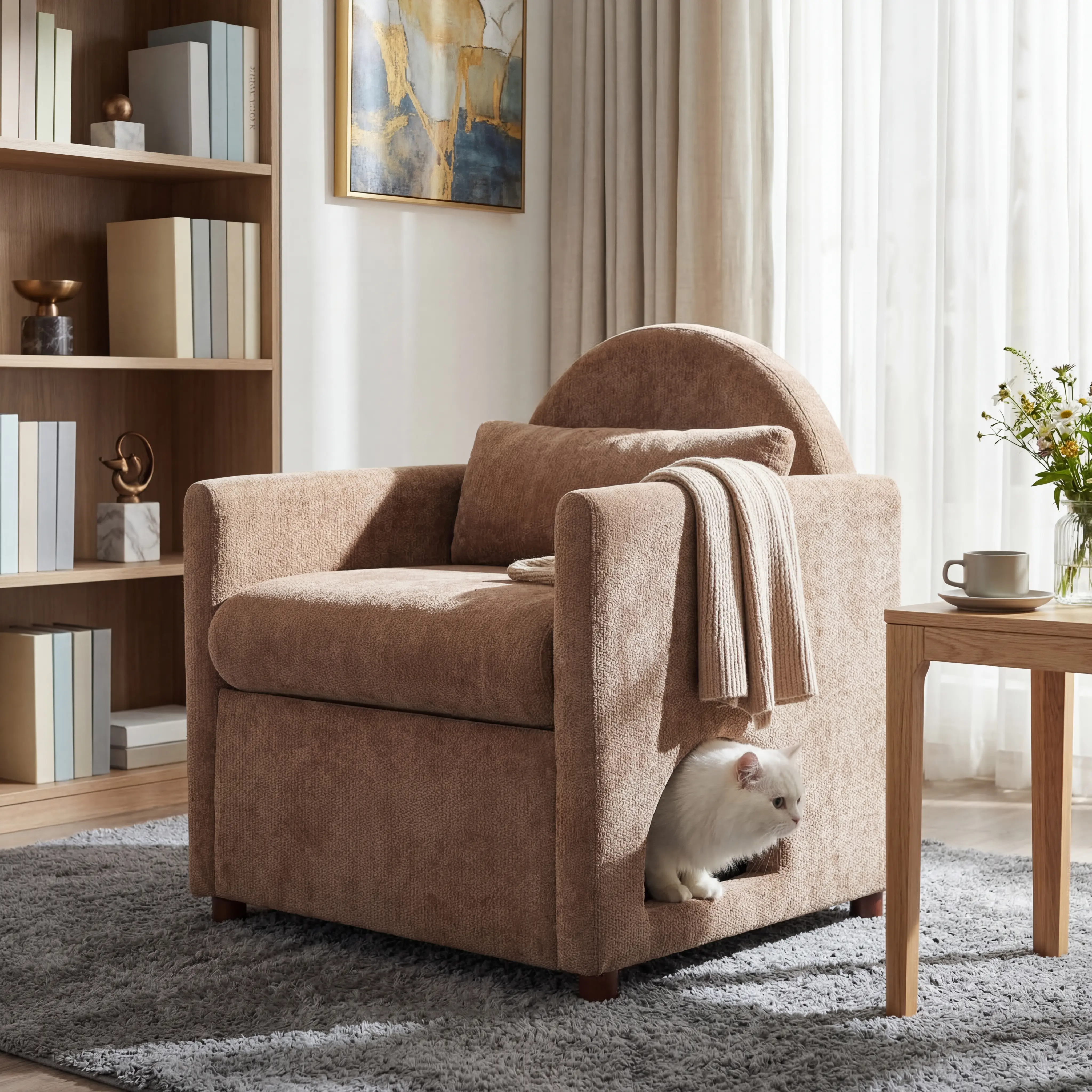 ARCH Pet Friendly Accent Chair with Hidden Pet Nook, Upholstered Armchair for Living Room, Acacia Wood Legs, 220lbs Weight Capacity, Modern Design, Coffee Color, Single Seat, Dining Room Chairs for Kitchen, Dining Room, Living Room