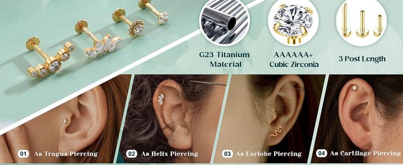 LOLIAS 16G G23 Titanium Tragus Conch Helix Piercing Jewelry 6mm 8mm 10mm - Internally Threaded Flat Back Stud Cartilage Earrings Hypoallergenic Forward Earlobe Monroe Labret Tragus Piercing Jewelry