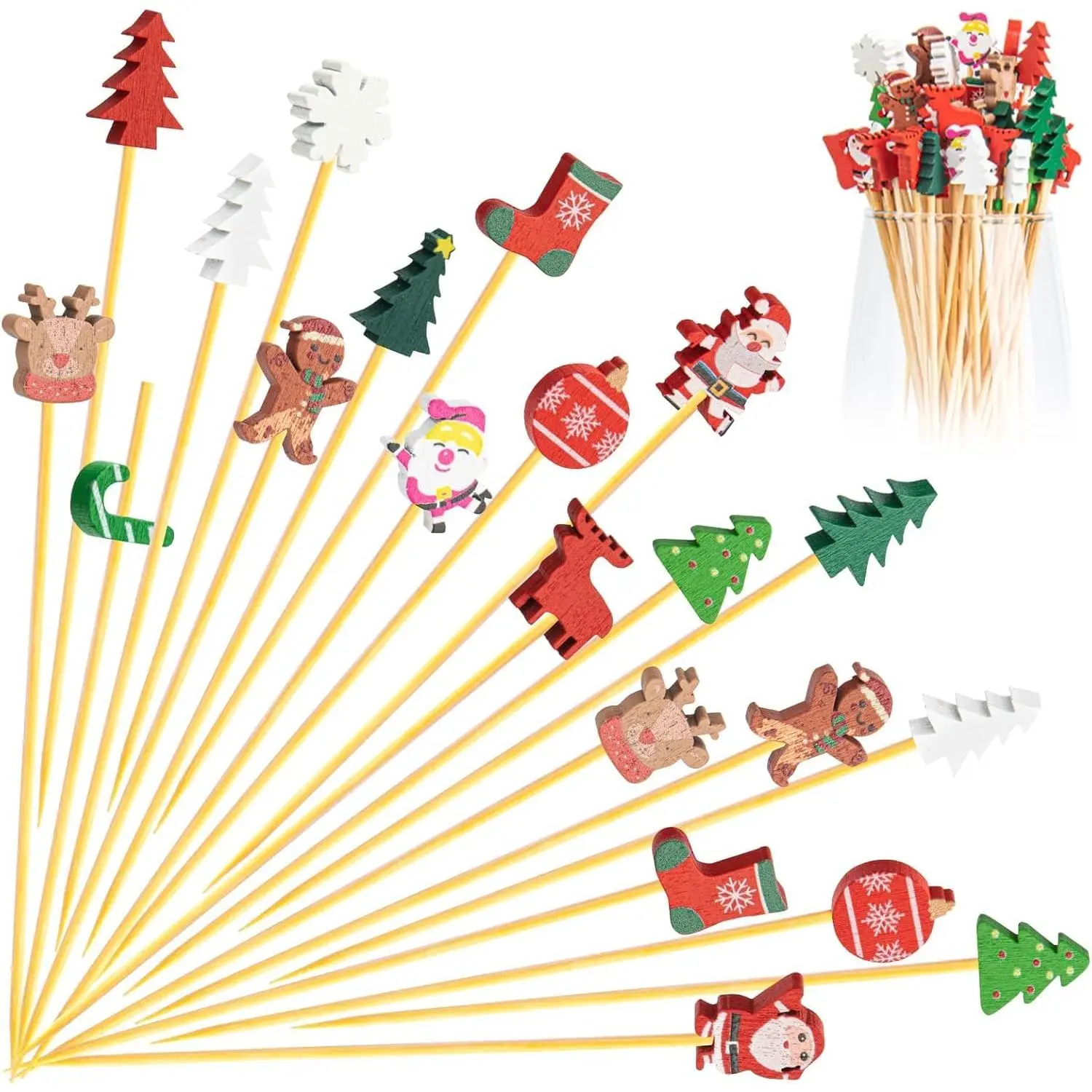 100 Pack Christmas  Picks Party Supplies, 15 Kinds of Toothpicks for Appetizers, 5.1 Inch   Tree  Picks Charcuterie Drink Stirrers Skewers Holiday Decorations Decor