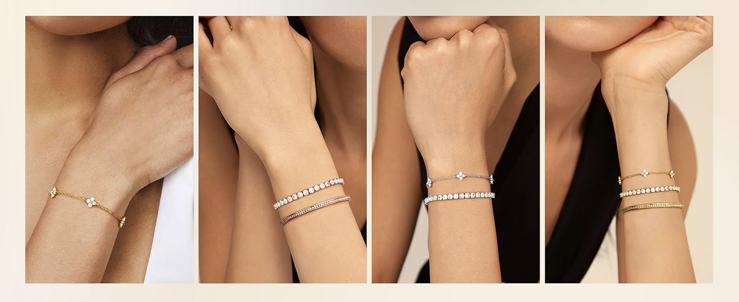 CASSIECA 3PCS Bracelets for Women Silver Gold Stainless Steel Bracelet 14K Gold-Plated Silver Bracelet Stackable Bracelets Women's Gold Jewelry