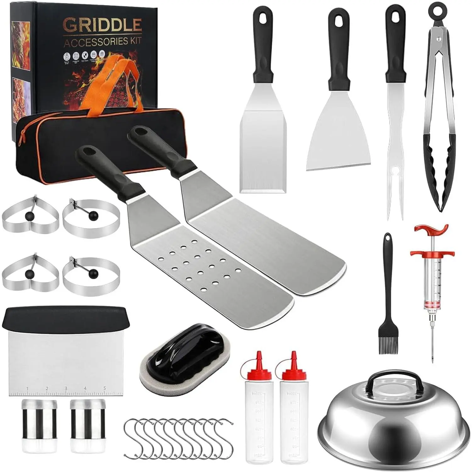 Griddle Accessories, 30 count Grilling Accessories for Outdoor Grill, Grill Accessories with Spatula, Basting Cover, Egg Rings for Outdoor BBQ, Camping, Teppanyak