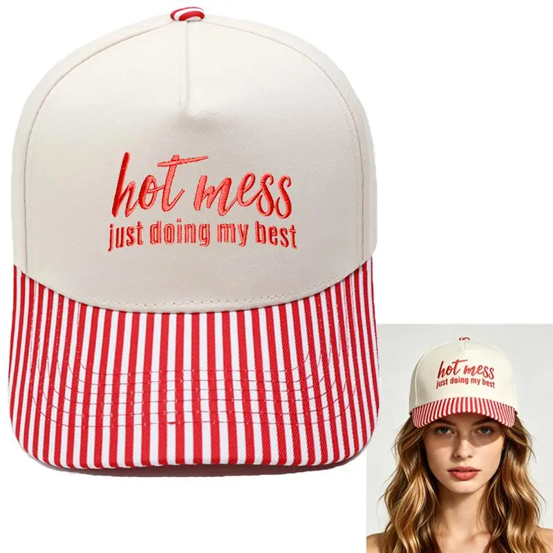 Viral Funny Slogan Cap Hot Mess Just Doing My Best Cream Red White Stripe Brim Baseball Hat Aesthetic Streetwear Baddie Vibe Gift