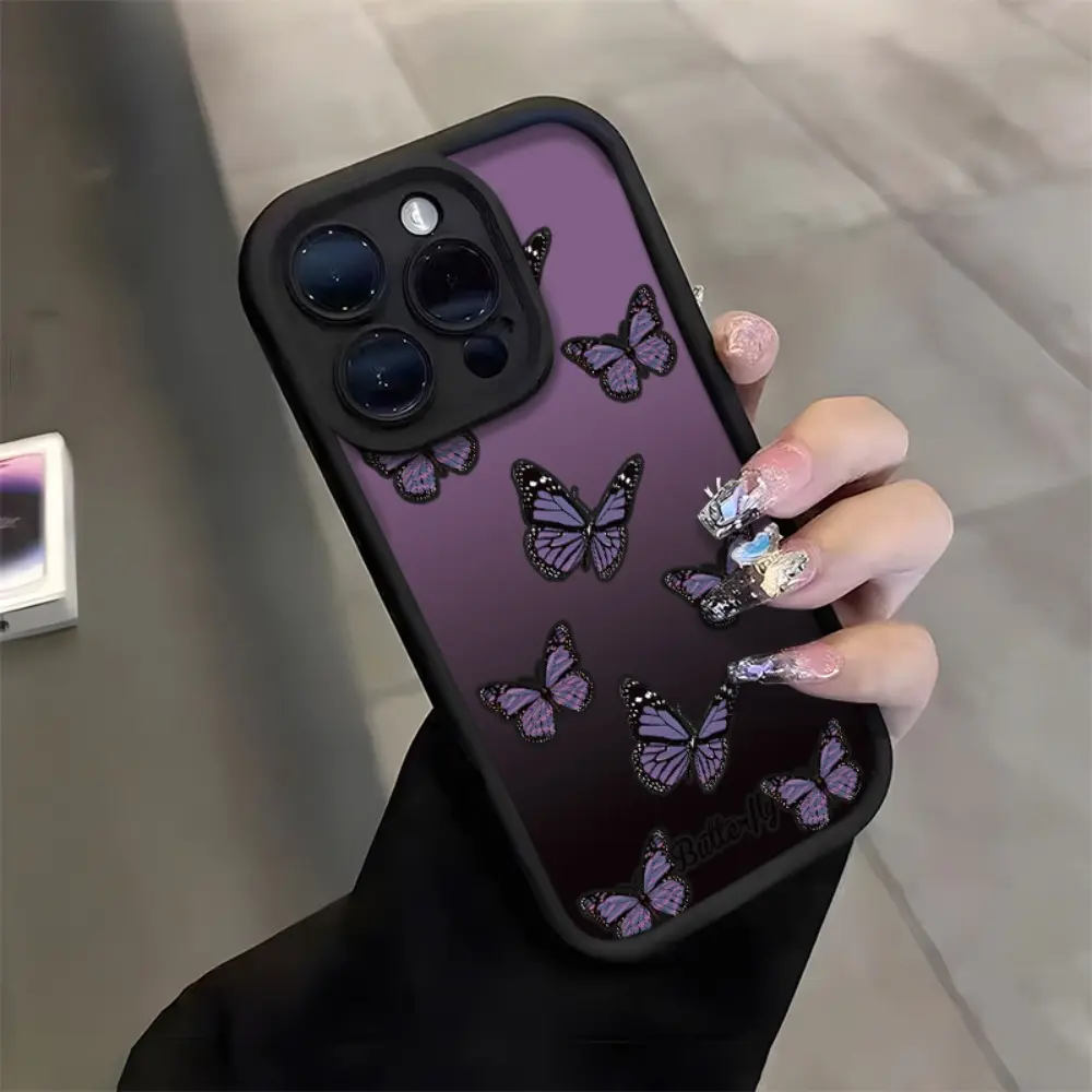 iPhone mobile phone case, the new gradual change purple butterfly pattern eye ladder mobile phone case, suitable for Apple iPhone11/12/13/14/15/16/17/Pro/max full series, creative pattern anti-drop silicone mobile phone soft case