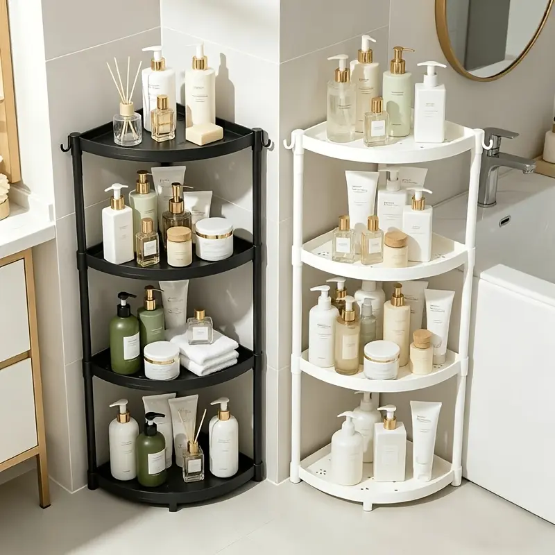 Triangular Corner Shower Shelf, Hollow-Out Freestanding Bathroom Storage Rack with 2 Hooks, 90 Degree Multifunctional Organizer for Bathroom Kitchen Bedroom