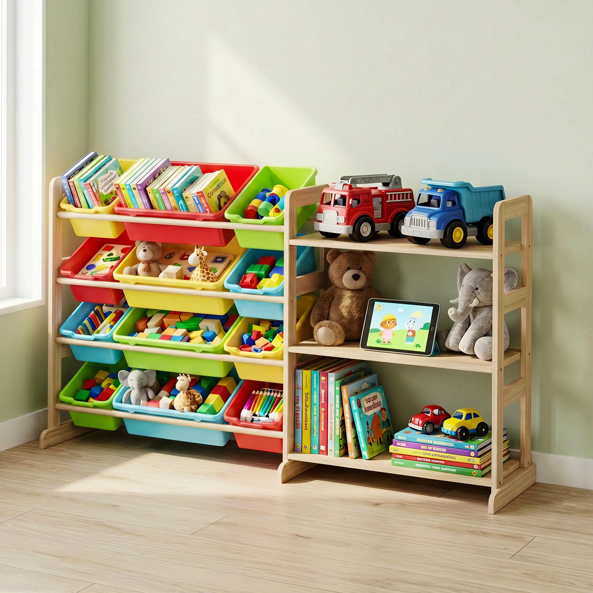 Child-Safe Rounded Corners | Kids Toy Storage Organizer Bookshelf - 12 Bins & 3 Open Shelves - Solid Pine Wood - Sturdy Display Shelf for Toddlers, Nursery & Playroom - Easy Assembly - White