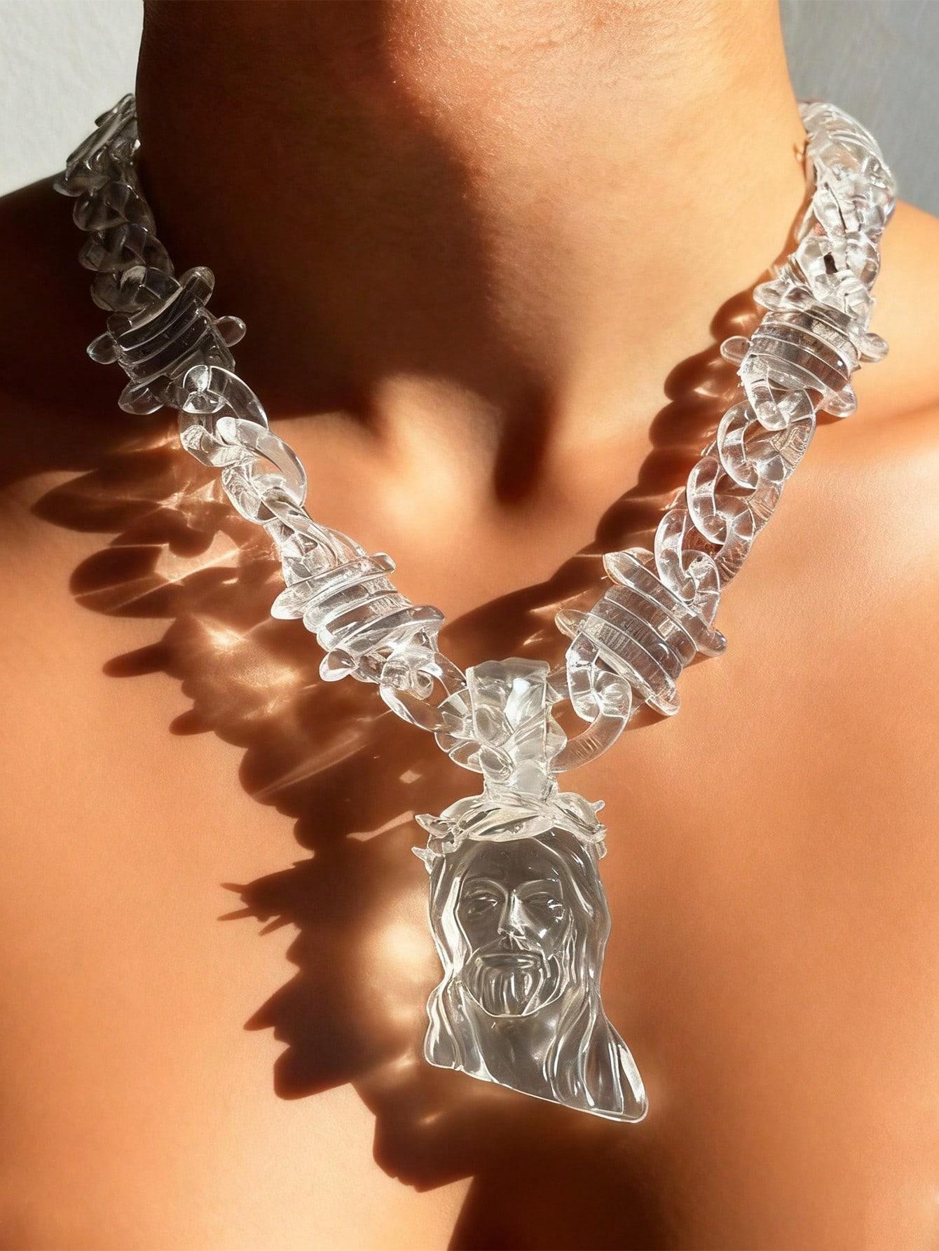 FaithFilledFinds Jesus Pendant Clear Barbed Wire Chain Necklace for Men, Women, Boys, Girls, Trendy Daily Wear Necklace for Streetwear, Birthday Gifts, Christmas Gifts, and Party Accessories，men necklace，women necklace，streetwear jewelry，y2k necklace