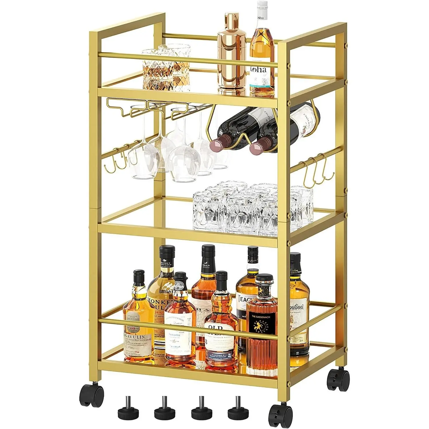 Bar Cart, Serving Cart for Home, Microwave Cart, Drink Cart, Mobile Kitchen Shelf with Wine Rack and Glass Holder, Rolling Beverage Cart for Dining Room, Gold