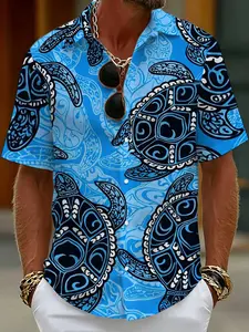Blue Bottom Tribe Totem Turtle Print Men's Hawaiian Vacation Short Sleeve Collared Casual Shirt