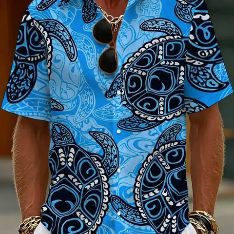Men's Hawaiian Tropical Vacation Short Sleeve Collared Casual Shirt, Hawaiian Tropical Patterns, Blue Bottom Tribe Totem Turtle Print, Menswear