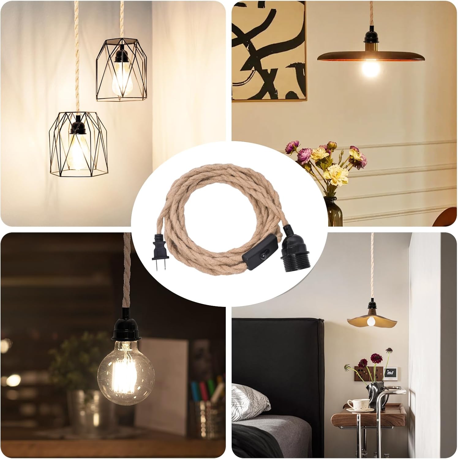 Plug in Pendant Light Cord, Industrial Hanging Light Kit with 15FT  Rope, E26 E27 Light Socket Base for Hanging Lamp Kit, Hanging Light Cord with On/Off , Ideal for Room Decor