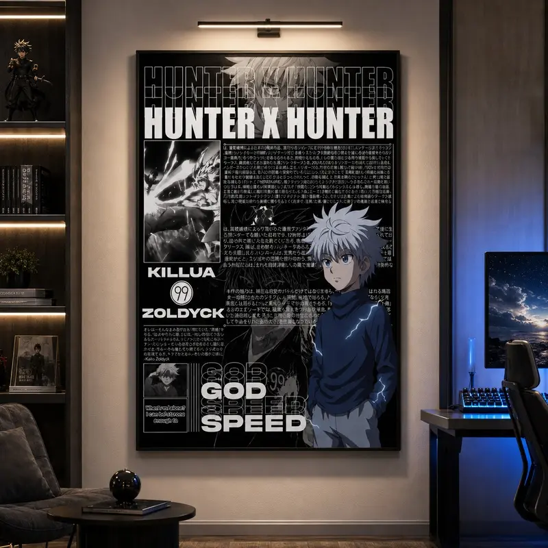 Hunter x Hunter Killua Zoldyck Anime Canvas Wall Art, Dark Japanese Manga Character Poster, Electric Blue Aesthetic Graphic Print for Anime Fans Teen Boys and Gamers, Bedroom Gaming Setup Apartment Dorm Room Decor