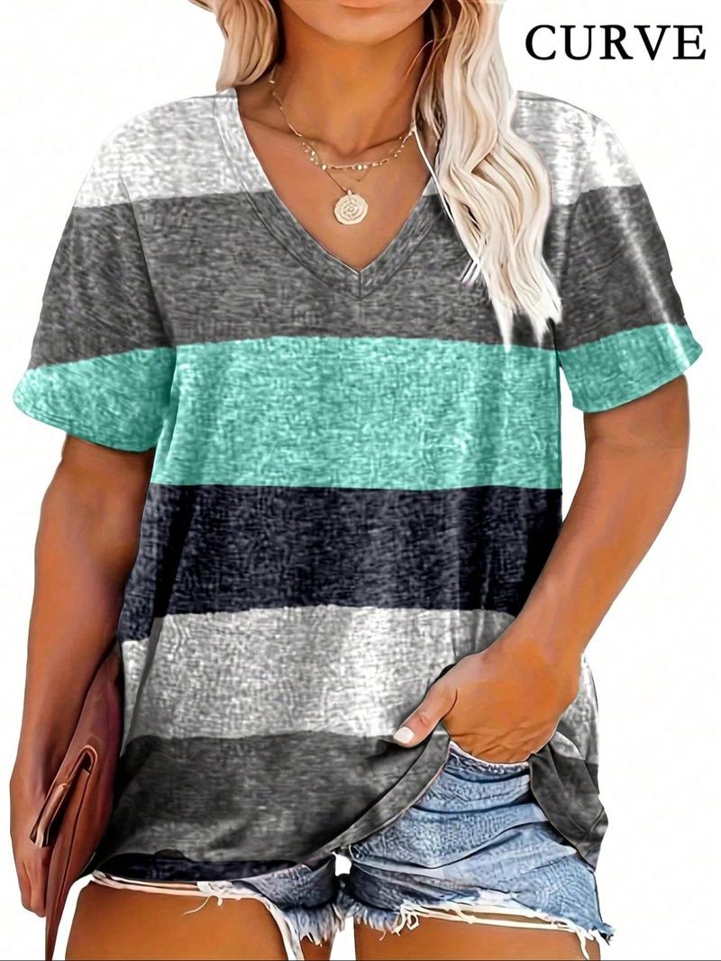 Plus Size Colorful Patchwork Print V Neck Tee, Plus Casual Short Sleeve T-Shirt for Summer, Summer Outfits 2024, Women's Plus Clothing for Daily Wear