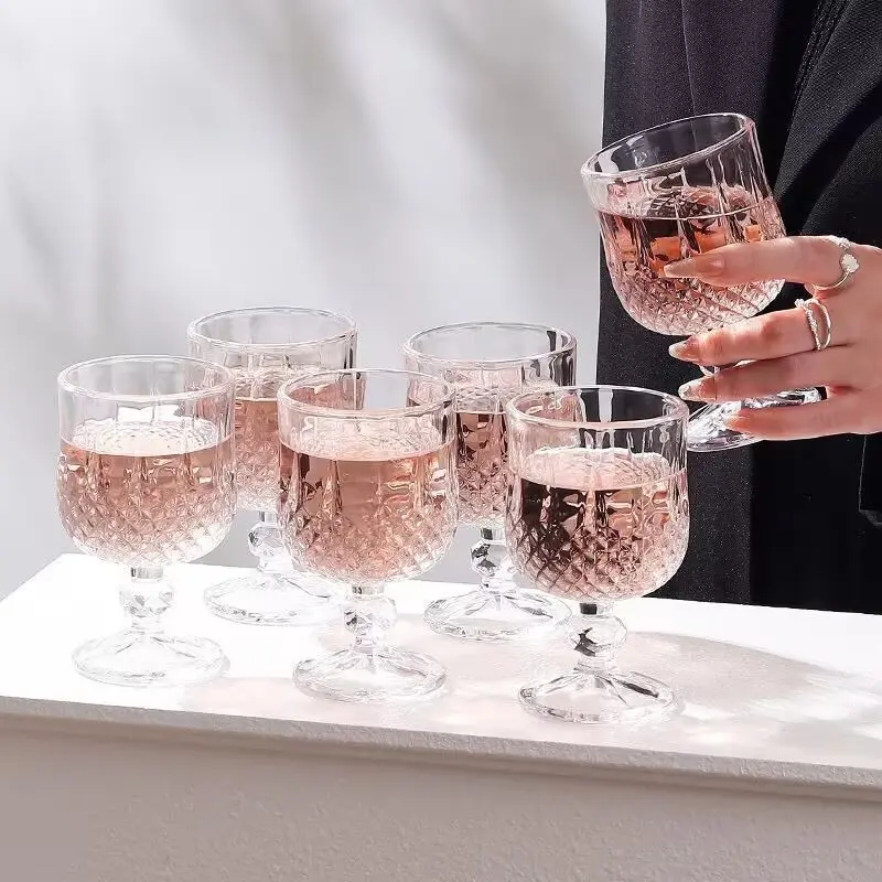 6 Piece Luxury Diamond Embossed Vintage Crystal Goblets, Multipurpose Wine Whiskey Cocktail Glasses, Perfect for Parties and Weddings