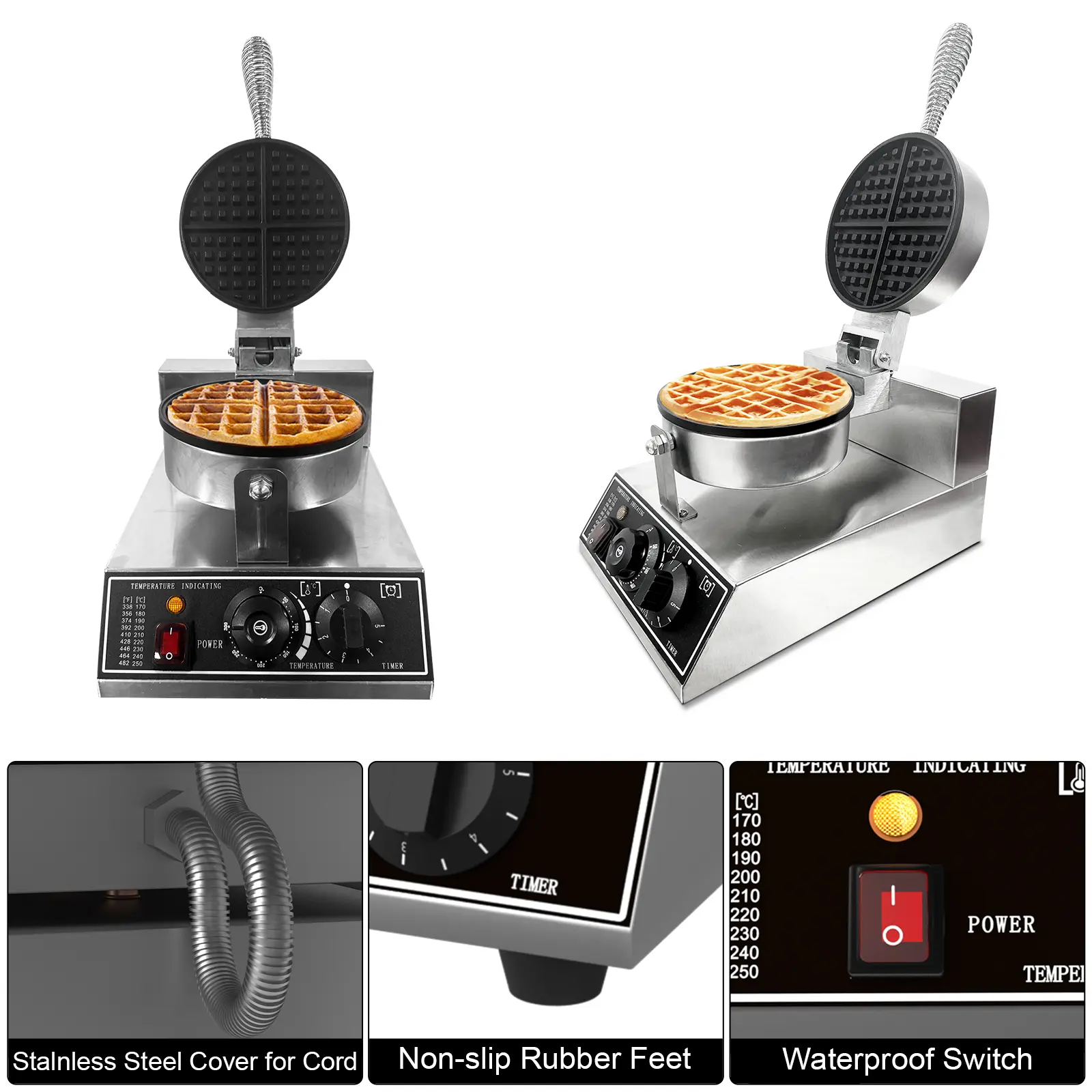 Commercial Waffle Maker, 1200W Stainless Steel Nonstick Round Waffle Iron with 122℉ to 572℉ Temp Range & Time Control, for Household Bakeries Snack Bar