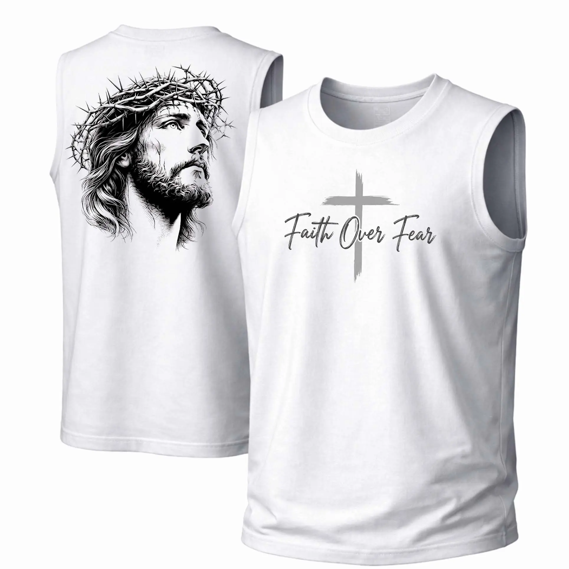 Men's Cotton Sleeveless Tank Top - Menswear Streetwear Garment, "Faith Over Fear" Text & Cross Print, Classic Crew Neck, Breathable Fabric, Casual Outdoor Spring-Summer Wear, Unisex, Soft, Round Neck, Loose, All-Season