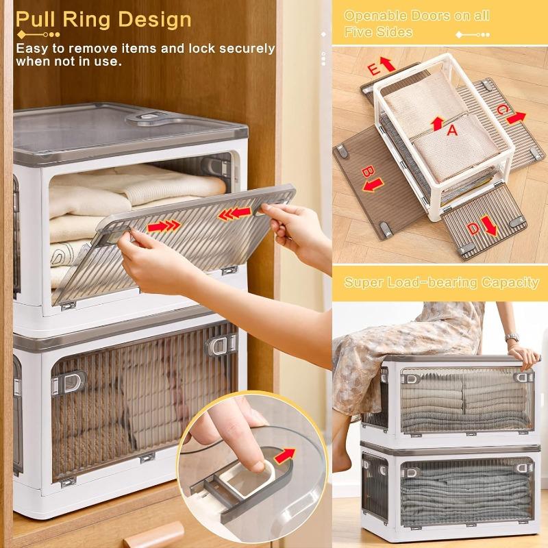 28 Liters Plastic Storage Bins with Lids 2 Pack Stackable Storage Containers with Wheels and 4 Doors Collapsible Storage Boxes for Organizing Clothes Snacks Toys Camping