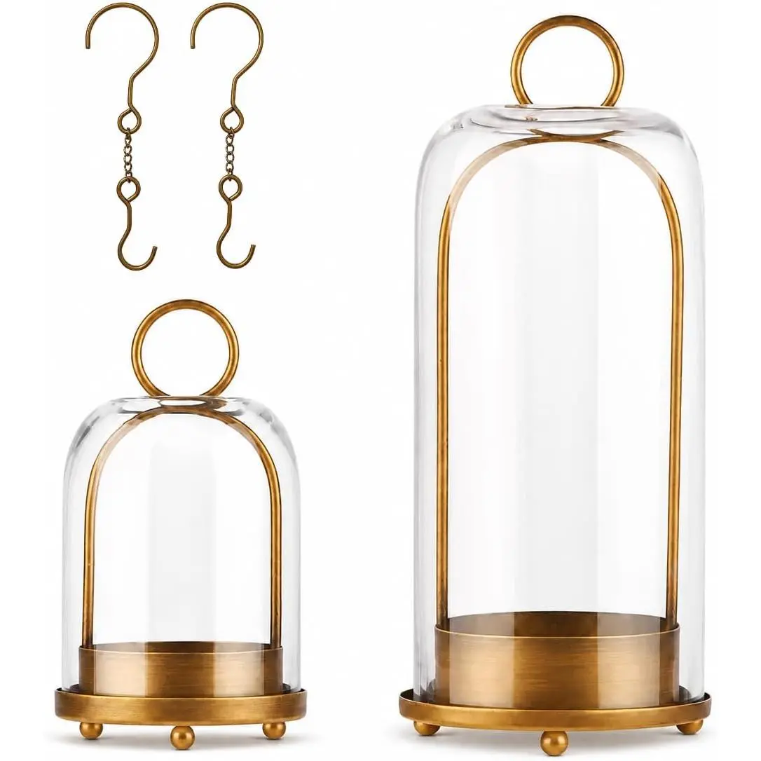 Hurricane Glass Candle Holders in Antique Brass, 5" & 4" Wide Gold Vintage Mental Candlesticks for Pillar Candle Lantern with Handmade Sturdy Thick Glass Dome, Industrial, Modern Home Decor (Brass)