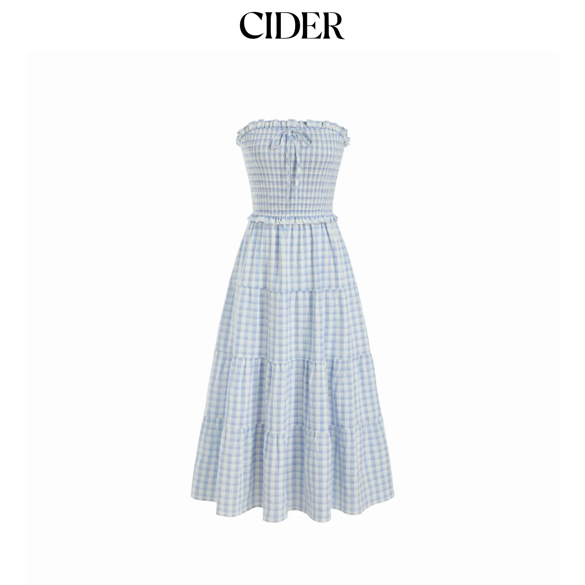Cider Gingham Strapless Shirred Knotted Ruffle Trim Tiered Maxi Dress SohoChic