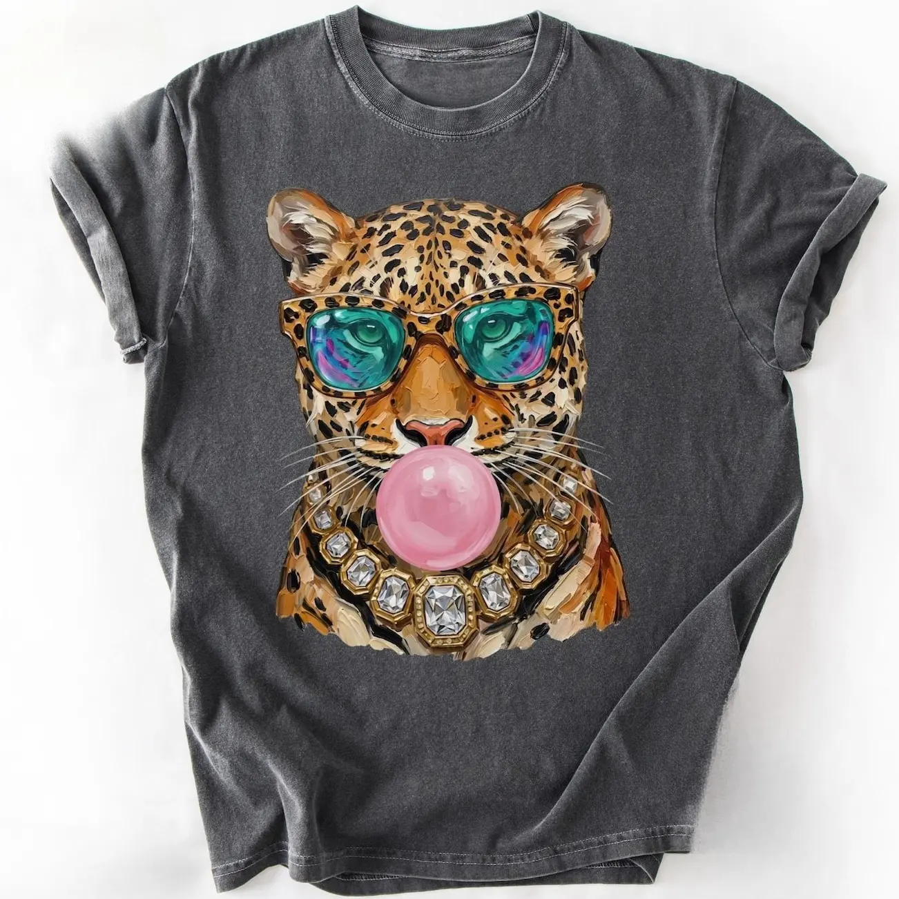 Trendy Leopard Shirt Bubblegum Sunglasses Big Cat Graphic Unique Tshirt Retro Animal Graphic Summer Casual Top for Women Men