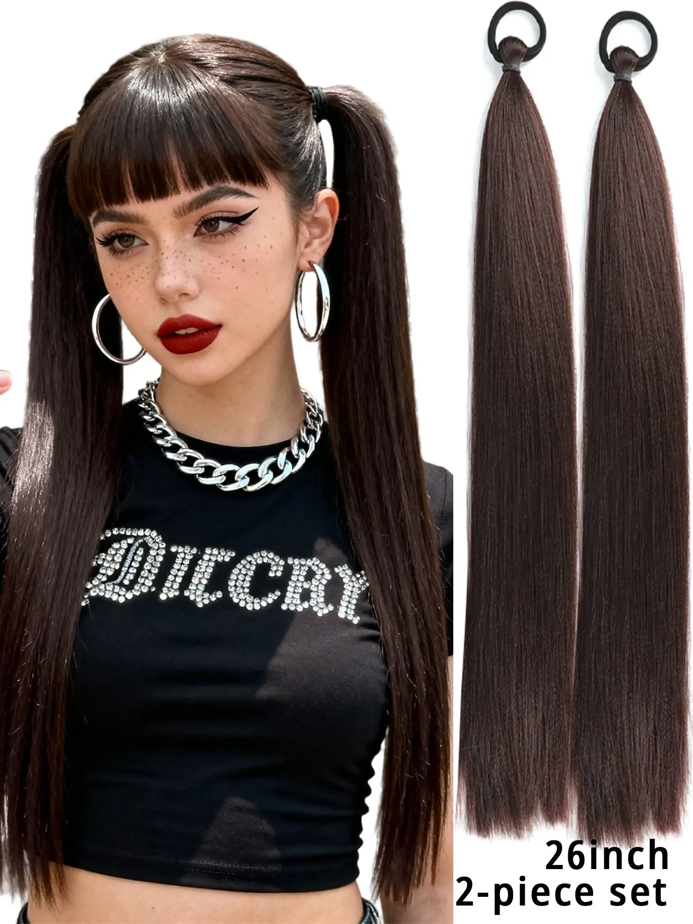 2-Piece Set Women's Long Straight Hair Tails, Synthetic Hair Extensions, Double Ponytail Hair Bundles, Elegant Hairstyling Accessories