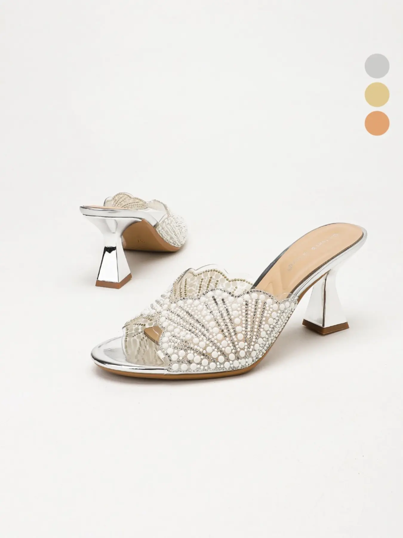 Women's All Sizes Pearl Rhinestone Embellished Transparent PVC Scalloped Open Toe Slip On Flared Pyramid Heel Mule Sandals, Fashionable Rhinestone Sandals, Stable Block Heel Non Slip Cushioned Sparkly Heels for Wedding Bridal Prom Cocktail Party