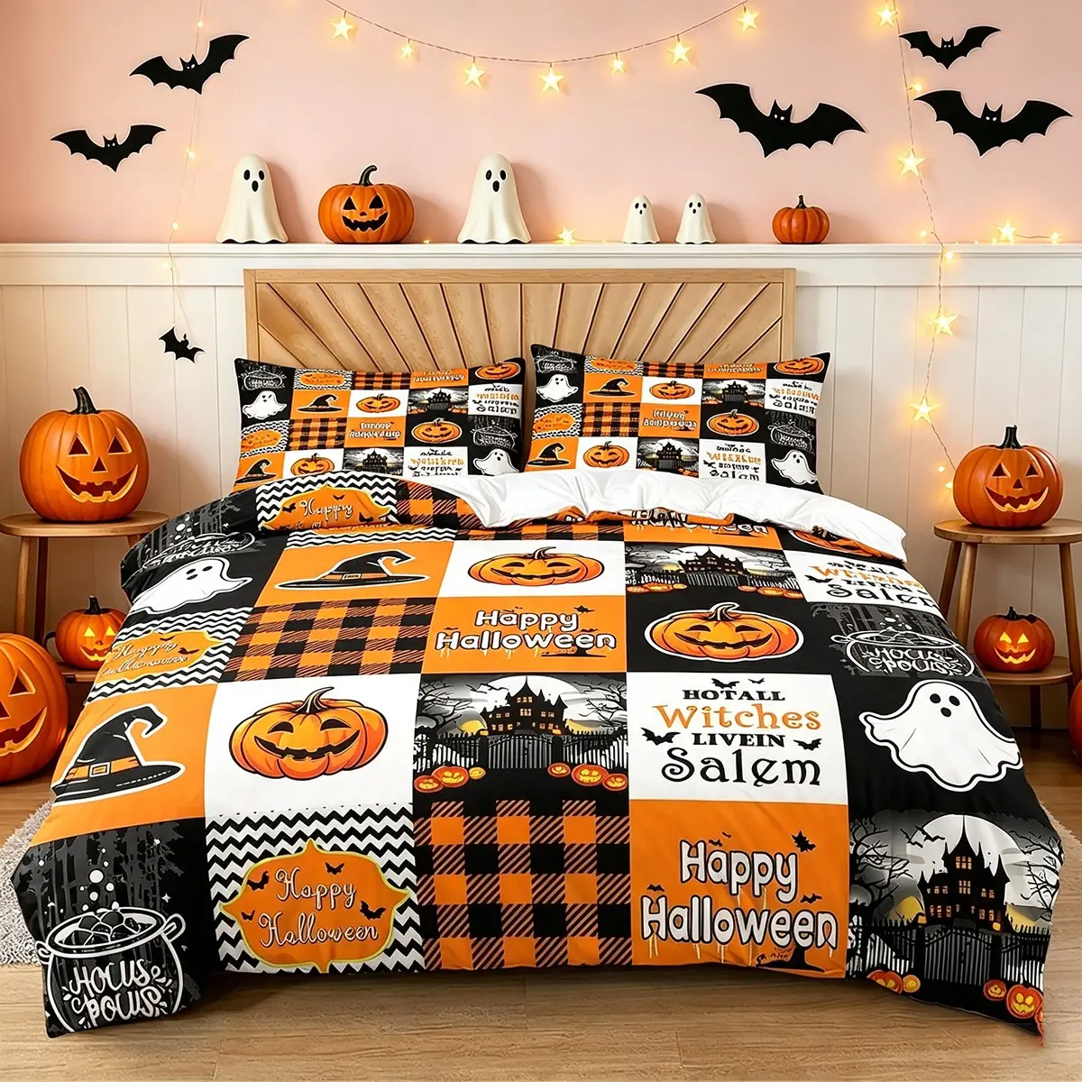 Pumpkin Lantern Duvet Cover Set, Decorative Duvet Cover,Gothic Halloween Bedding Set 2/3 Pcs,Cartoon Cute Ghost Spider Comforter Cover Horror Witch Hat Patchwork Quilt Cover,Orange Halloween Lights Bats Halloween Decoration
