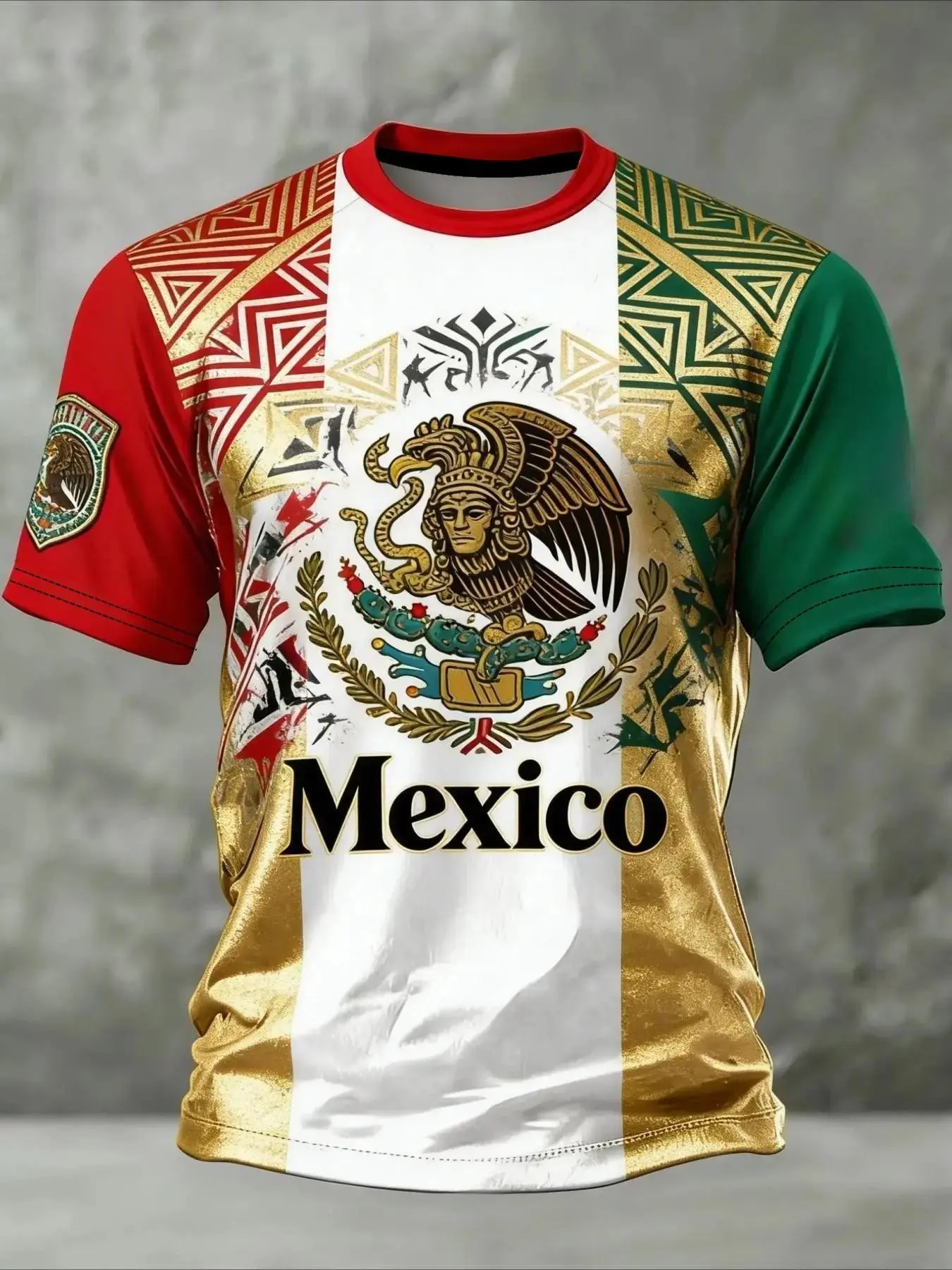 Mexico Soccer Jersey Men, Aztec Pattern Shirt, Long Loose-Fitting T-Shirt, All over Print, Casual Football Jerseys, Eagle Crest Fan Apparel, Sports Tees, Jersey Shirts, Fan Sportswear Top