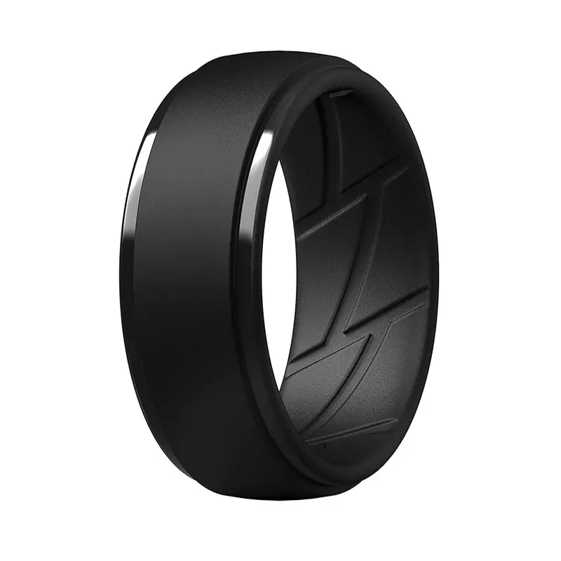 Men's Step Edge Silicone Band Ring - Metal-Allergy Safe, Durable Rings, Hypoallergenic Comfort Fit, Secure Texture, Grooved Grip, Breathable Non-Tarnish, for Sensitive Skin, Gym Work, Casual Men's Accessories, Birthday Gift for BF
