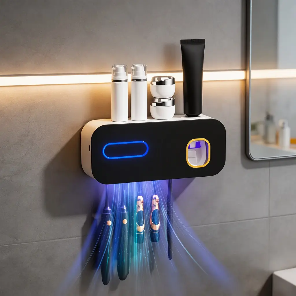 Smart UV Toothbrush Holder, Wall-Mounted Multifunctional Sanitary Toothbrush Rack with Automatic Toothpaste Dispenser, USB Rechargeable, Smart Electric Toothbrush Stand for Home Bathroom